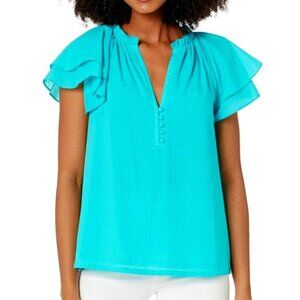 Trina Turk 'Zandy' Flutter-Sleeve Cotton-Voile Top, Oasis